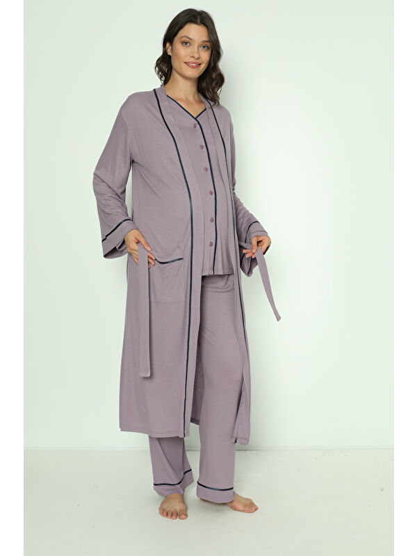 MİSS DÜNYA LİSSA Lila Önden Düğmeli Uzun Sabahlıklı Hamile ve Lohusa Pijama Takımı