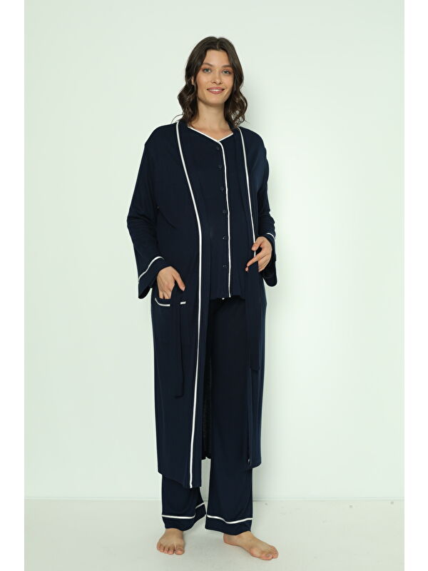 MİSS DÜNYA LİSSA Lacivert Önden Düğmeli Uzun Sabahlıklı Hamile ve Lohusa Pijama Takımı