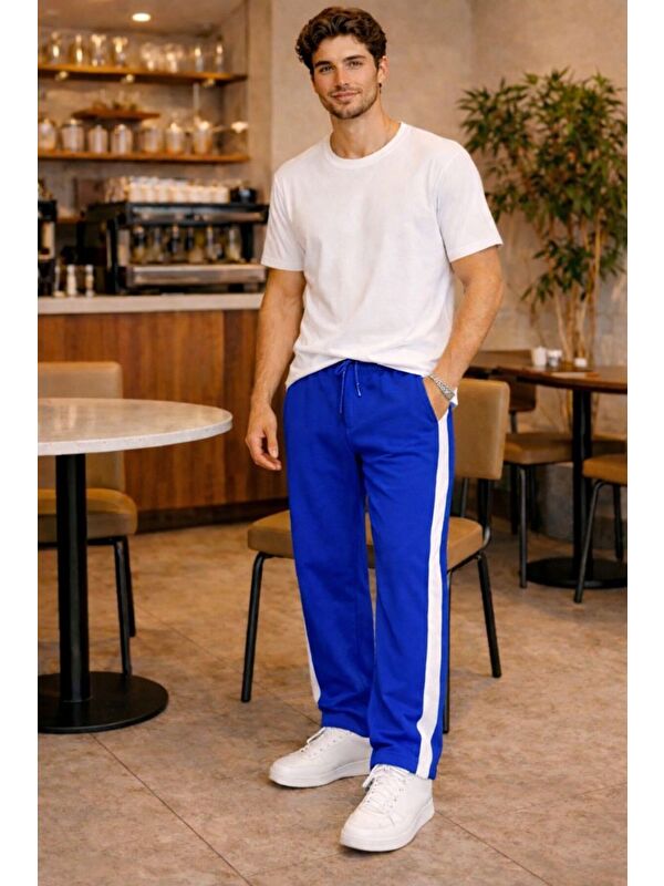 Tarz Cool Erkek Beyaz Şeritli Eşofman Altı Bağcıklı Baggy Rahat Kesim Günlük Spor Pantolon