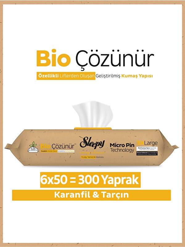 Sleepy Bio Çözünür Yüzey Temizlik Havlusu&Mendili Karanfil&Tarçın 6x50 (300 Yaprak)