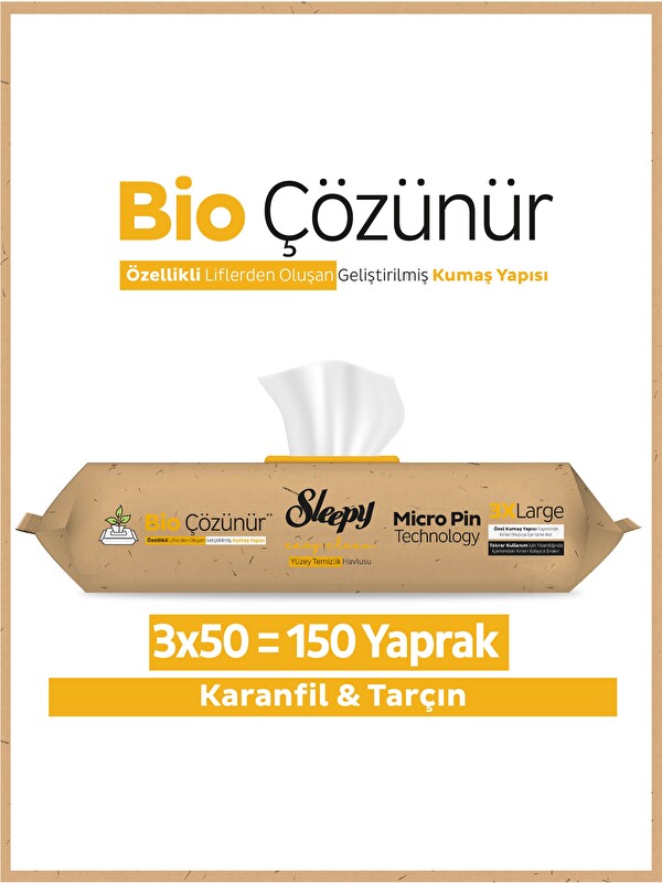 Sleepy Bio Çözünür Yüzey Temizlik Havlusu&Mendili Karanfil&Tarçın 3x50 (150 Yaprak)