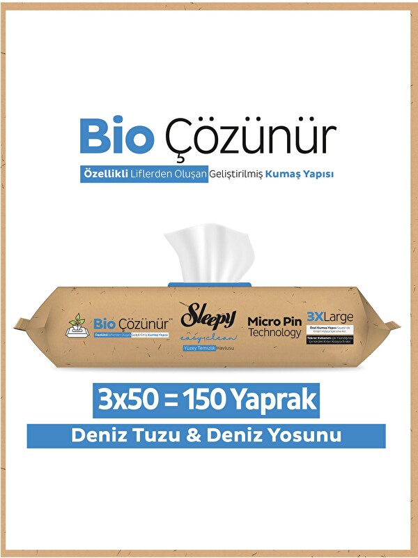Sleepy Bio Çözünür Yüzey Temizlik Havlusu&Mendili Deniz Tuzu&Yosun 3x50 (150 Yaprak)