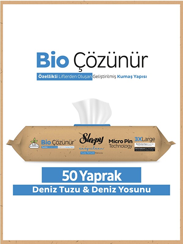 Sleepy Bio Çözünür Yüzey Temizlik Havlusu&Mendili Deniz Tuzu&Yosun 50 Yaprak