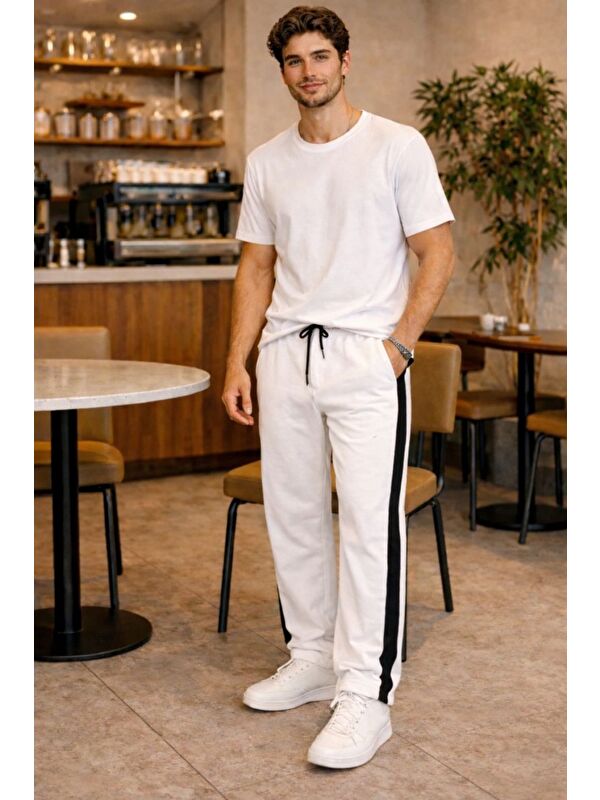 Tarz Cool Erkek Beyaz Şeritli Eşofman Altı Bağcıklı Baggy Rahat Kesim Günlük Spor Pantolon