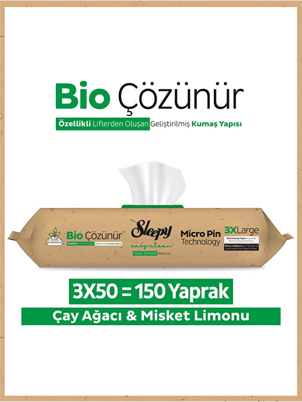 Sleepy Bio Çözünür Yüzey Temizlik Havlusu&Mendili Çay Ağacı&Misket Limonu 3x50 (150 Yaprak)