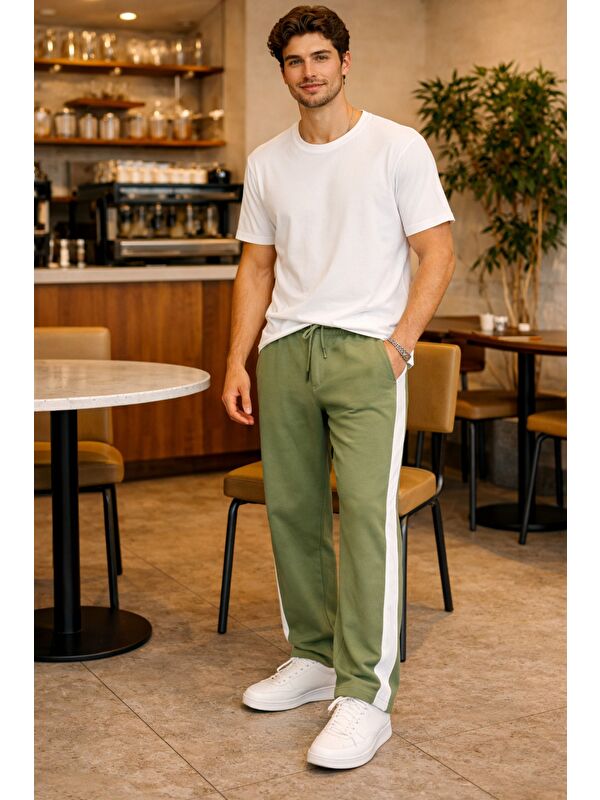 Tarz Cool Erkek Beyaz Şeritli Eşofman Altı Bağcıklı Baggy Rahat Kesim Günlük Spor Pantolon