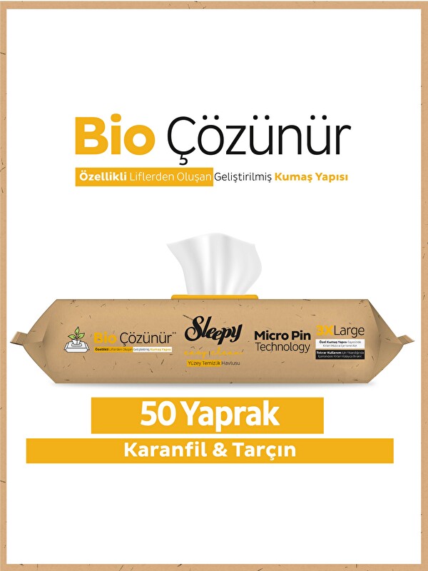Sleepy Bio Çözünür Yüzey Temizlik Havlusu&Mendili Karanfil&Tarçın 50 Yaprak
