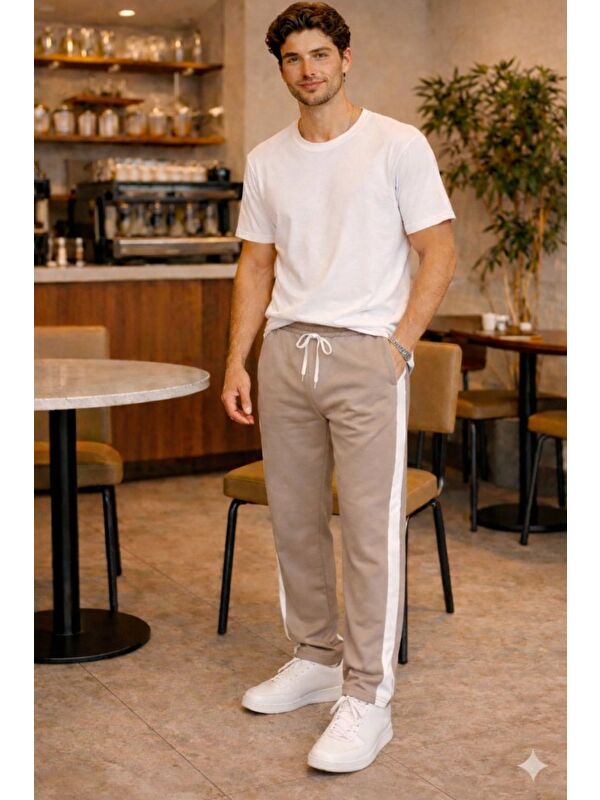 Tarz Cool Erkek Beyaz Şeritli Eşofman Altı Bağcıklı Baggy Rahat Kesim Günlük Spor Pantolon