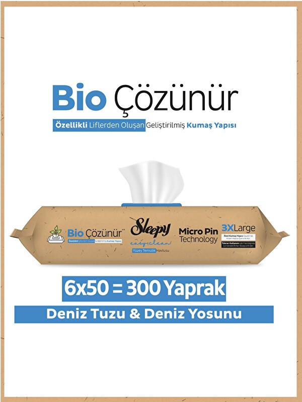 Sleepy Bio Çözünür Yüzey Temizlik Havlusu&Mendili Deniz Tuzu&Yosun 6x50 (300 Yaprak)