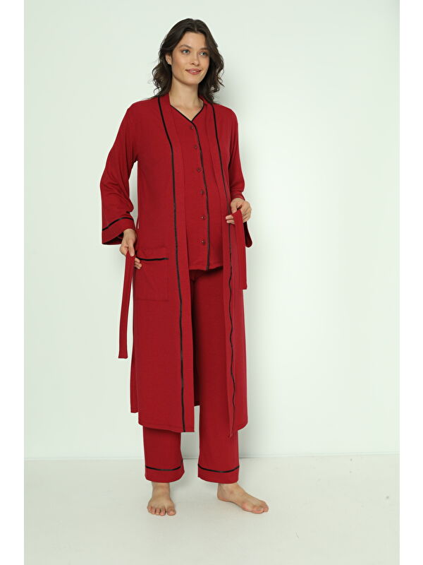 MİSS DÜNYA LİSSA Bordo Önden Düğmeli Uzun Sabahlıklı Hamile ve Lohusa Pijama Takımı