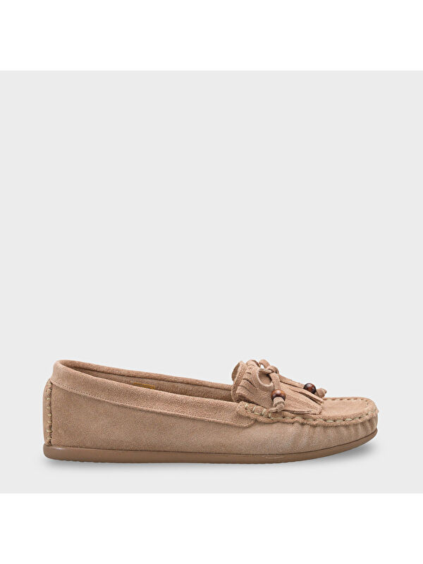 Capone Outfitters Almire Hakiki Deri Süet Boncuklu Püsküllü Konfor Kadın Loafer Ayakkabı