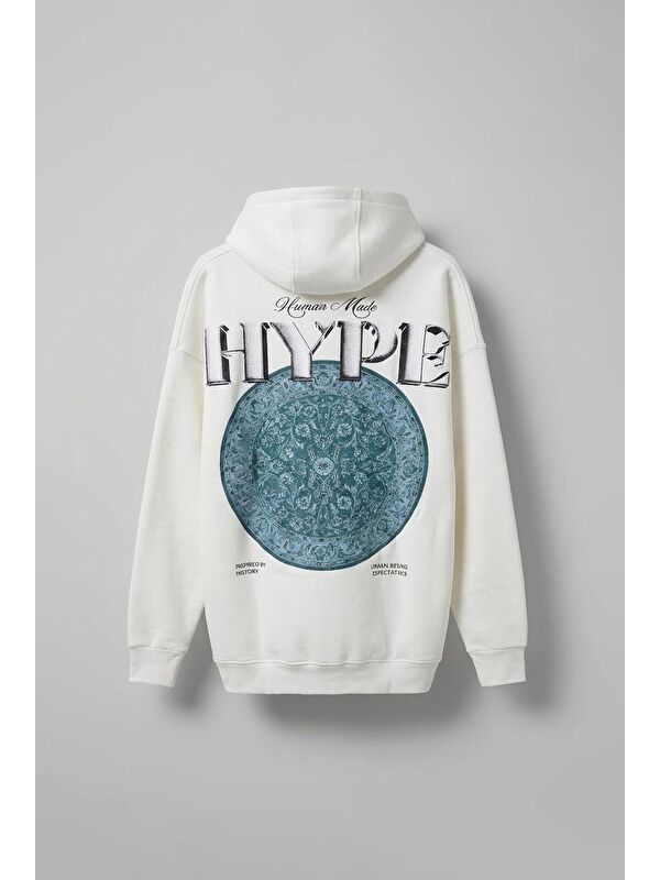 Abluka Online Unisex Oversize Hype Baskılı Premium Kapüşonlu Erkek Hoodie Ekru