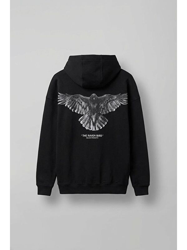 Abluka Online Unisex Oversize Raven Baskılı Premium Kapüşonlu Erkek Hoodie Siyah