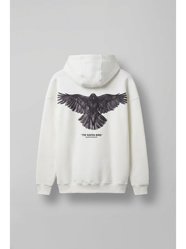 Abluka Online Unisex Oversize Raven Baskılı Premium Kapüşonlu Erkek Hoodie Ekru