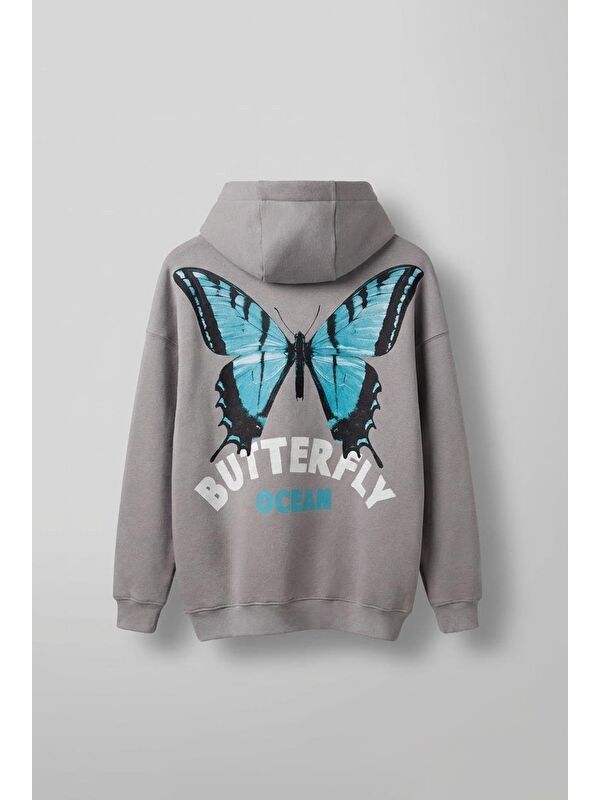 Abluka Online Unisex Oversize Butterfly Baskılı %100 Pamuk Kapüşonlu Sweatshirt Hoodie Gri