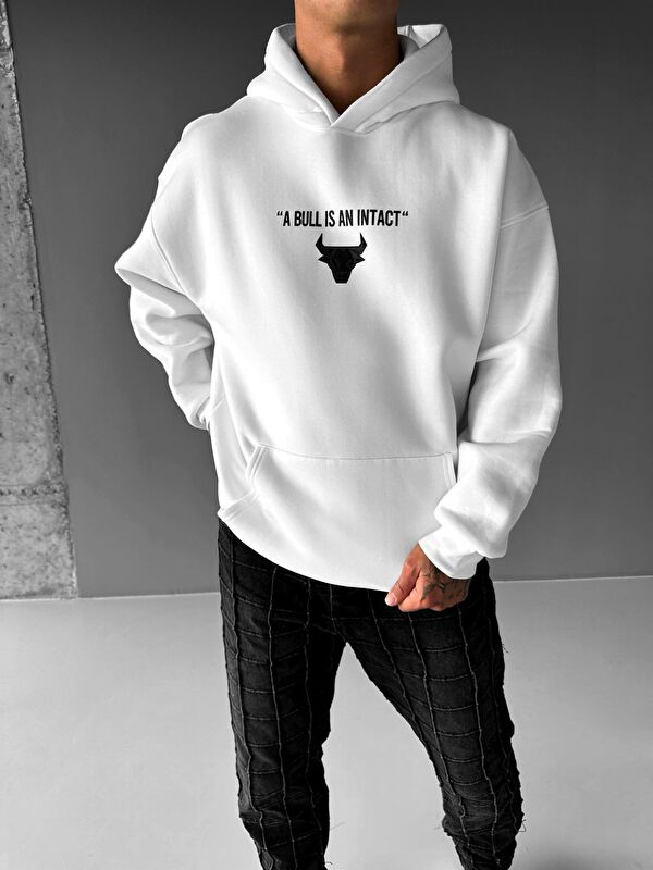Abluka Online Oversize Bull Baskılı %100 Pamuk Kapüşonlu Sweatshirt Hoodie Beyaz