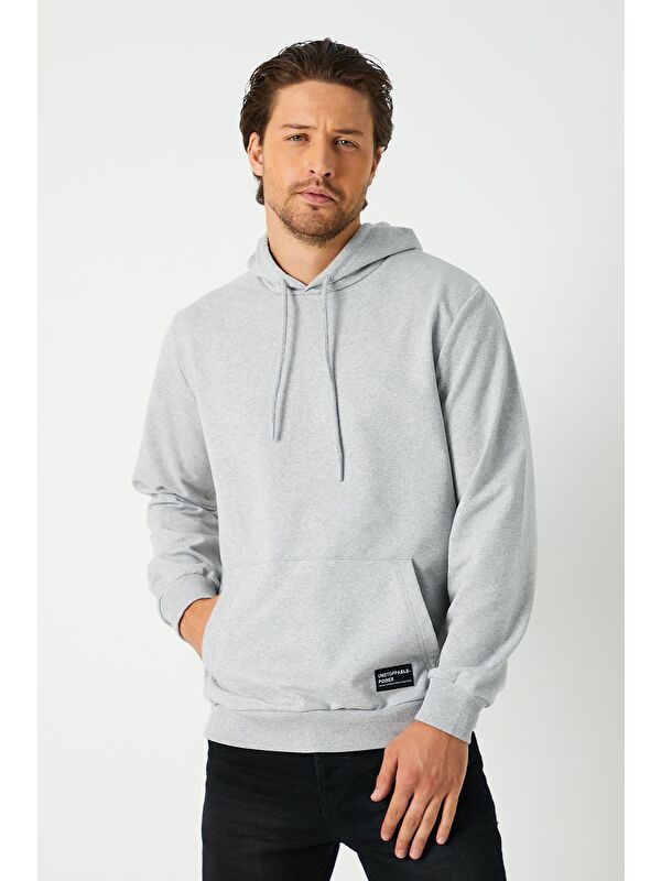 Mmetalic Gri  Kapüşonlu Kanguru Cepli Erkek Büyük Beden Hoodie