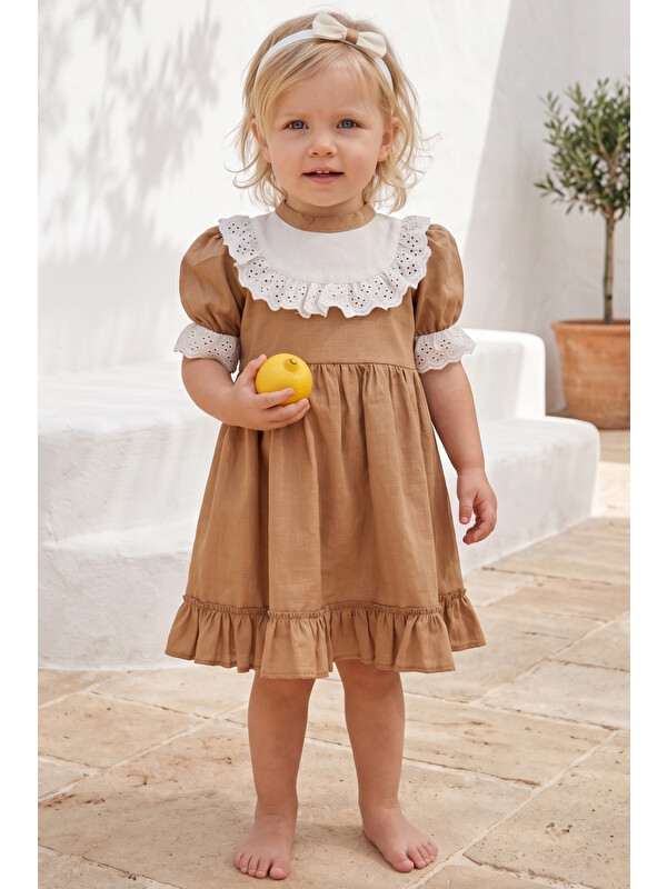 Parla Kids Kız Çocuk Kahve Ruby Fırfırlı Dantel Detaylı Kısa Kollu Elbise Bandana Takım