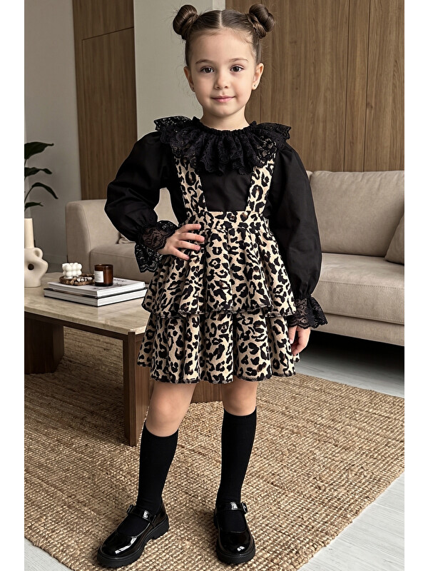 Parla Kids Kız Çocuk Helen Leopar Askılı Jile Elbise Siyah Dantelli Uzun Kollu Bluz Abiye Takım