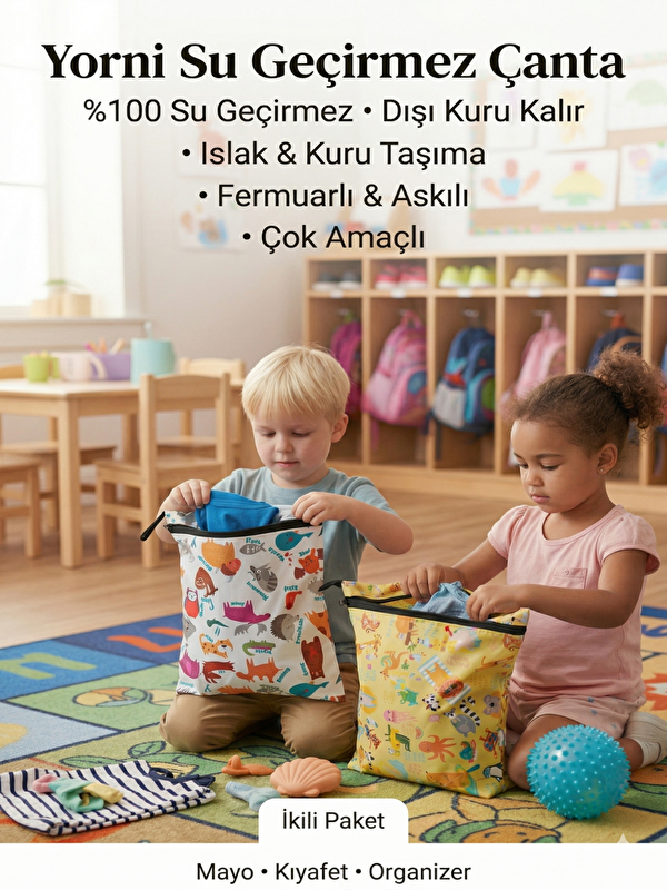Yorni 2 Adet, 37x30 cm, Summer ve Zoo Desen, Sıvı Geçirmeyen Çok Amaçlı Çanta, Ekonomik Set, Yıkanabilir