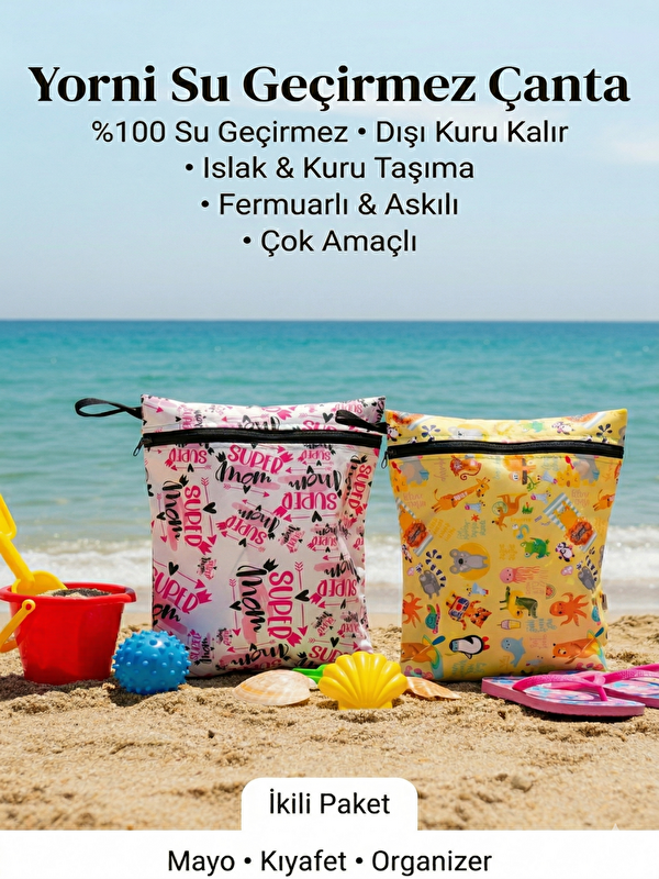 Yorni 2 Adet, 37x30 cm, Mom ve Summer Desen, Sıvı Geçirmeyen Çok Amaçlı Çanta, Ekonomik Set, Yıkanabilir