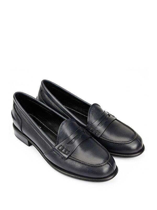 Hakiki Deri Yuvarlak Burun Kısa Topuklu Loafer Kadın Günlük Ayakkabı 24138 - Görsel 3