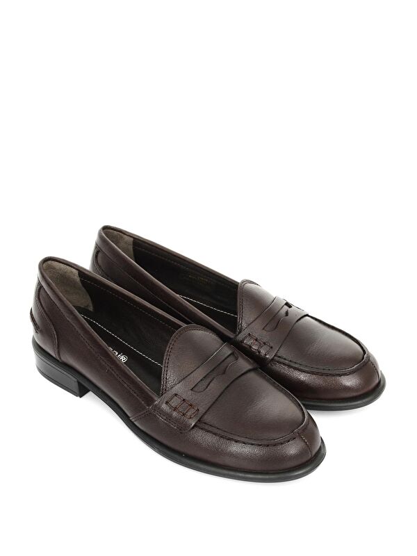 Hakiki Deri Yuvarlak Burun Kısa Topuklu Loafer Kadın Günlük Ayakkabı 24138 - Görsel 3