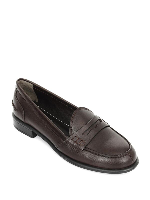 Hakiki Deri Yuvarlak Burun Kısa Topuklu Loafer Kadın Günlük Ayakkabı 24138 - Görsel 6