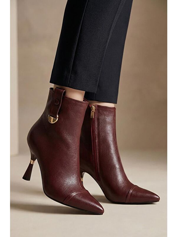 Yaya By Hotiç Bordo Yaya By Hotiç Yaya By Kadın Dikiş Detaylı Gold Detaylı Tokalı İnce Topuklu Bot