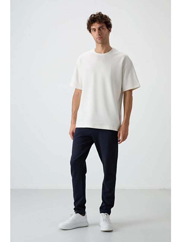 Air Jones Ekru - Lacivert Pamuklu Kalın Yumuşak Dokulu  Fit Basic Erkek Eşofman Takım - 85251