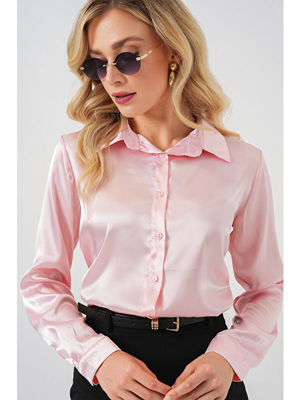 Bigdart 3964 Hafif Dökümlü Saten Gömlek - Pembe