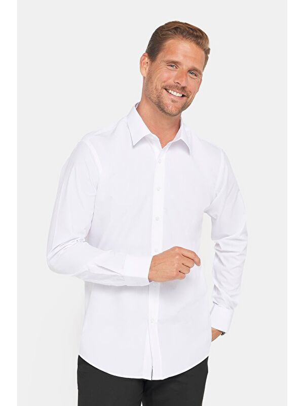 TUDORS Modern Slim Fit Uzun Kollu Pamuklu Kolay Ütü Erkek Beyaz Gömlek