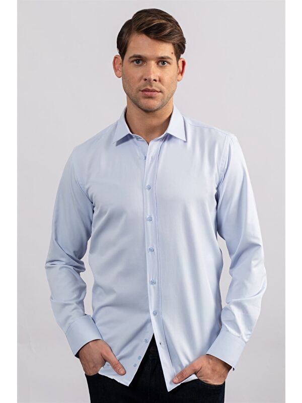 TUDORS Erkek Modern Slim Fit Pamuklu Düz Mavi Gömlek