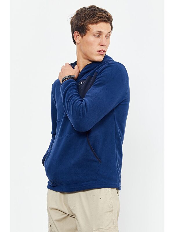 Tommylife İndigo Nakışlı Yarım Fermuar Kapüşonlu Standart Kalıp Erkek Polar Sweatshirt - 87996