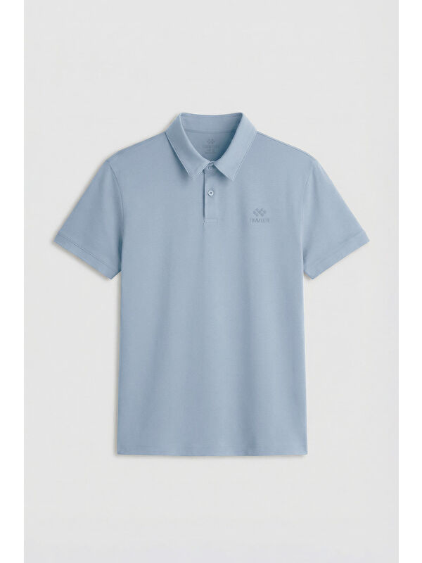 Tommylife Buz Mavi Basic Logolu Standart Kalıp Triko Polo Yaka Erkek Tişört - 87748