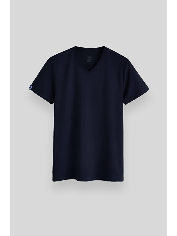 Tommylife Lacivert Basic Kısa Kol Standart Kalıp V Yaka Erkek Tişört - 87912