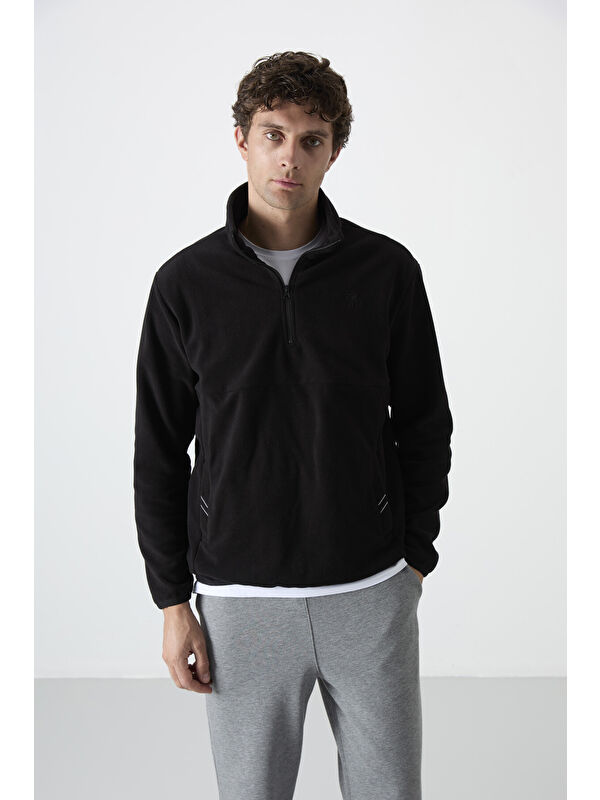 Tommylife Siyah Yarım Fermuarlı Sweatshirt Slim Fit Dik Yaka Erkek Polar - 87891
