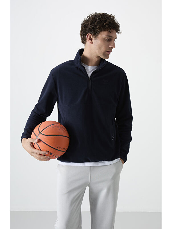 Tommylife Lacivert Yarım Fermuarlı Sweatshirt Slim Fit Dik Yaka Erkek Polar - 87891