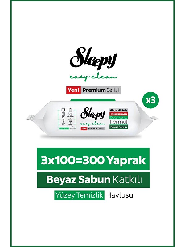 Sleepy Easy Clean Premium Beyaz Sabun Katkılı Yüzey Temizlik Havlusu Mendili 3x100 (300 Yaprak)
