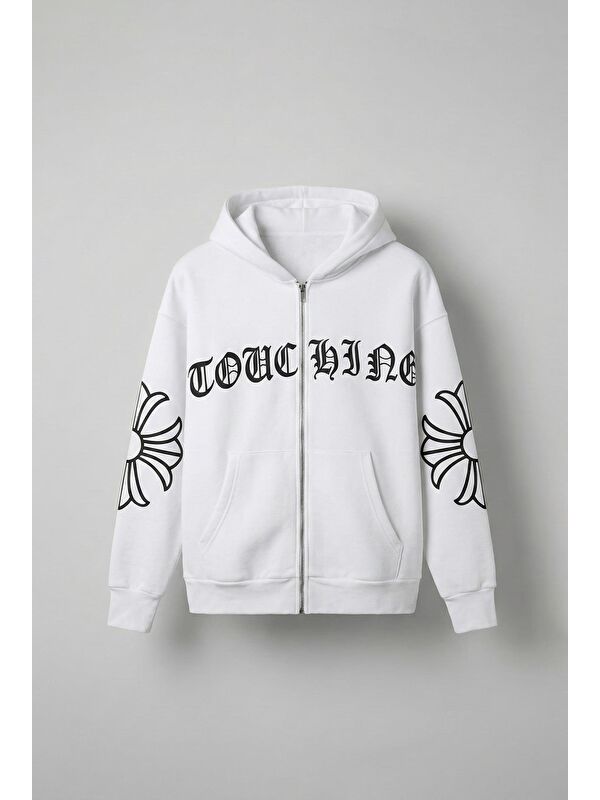 Abluka Online Unisex Oversize Baskılı Kanguru Cepli  Erkek Fermuarlı Sweatshirt Hırka Beyaz