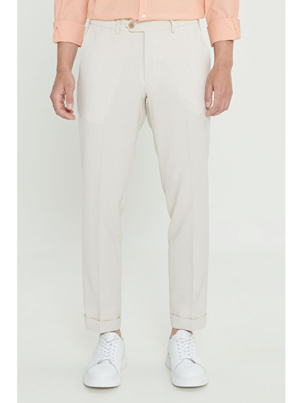 AC&Co / Altınyıldız Classics Erkek Bej Slim Fit Dar Kesim Kırışmaz Kumaş Gofre Desenli Beli Lastikli Pantolon