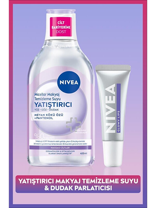 NIVEA Yatıştırıcı Micellar Makyaj Temizleme Suyu 400ml ve Glowy Lips Nemlendirici Dudak Parlatıcısı