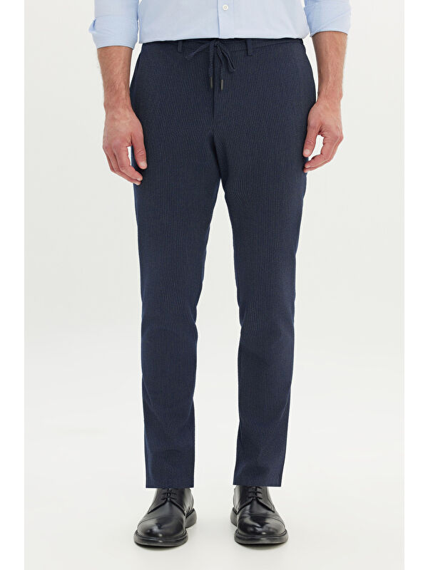 AC&Co / Altınyıldız Classics Erkek Lacivert Slim Fit Dar Kesim Gofre Desenli Esnek Beli Bağlamalı Pantolon