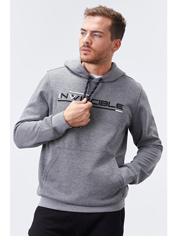 Tommylife Gri Melanj Kanguru Cep Standart Kalıp Kapüşonlu  Erkek Hoodie - 87883