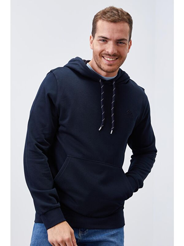Tommylife Lacivert Kanguru Cep Standart Kalıp Kapüşonlu  Erkek Hoodie - 87872