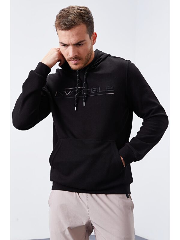 Tommylife Siyah Kanguru Cep Standart Kalıp Kapüşonlu  Erkek Hoodie - 87883