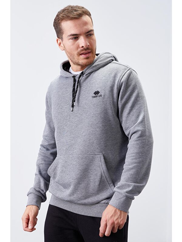 Tommylife Gri Melanj Kanguru Cep Standart Kalıp Kapüşonlu  Erkek Hoodie - 87872