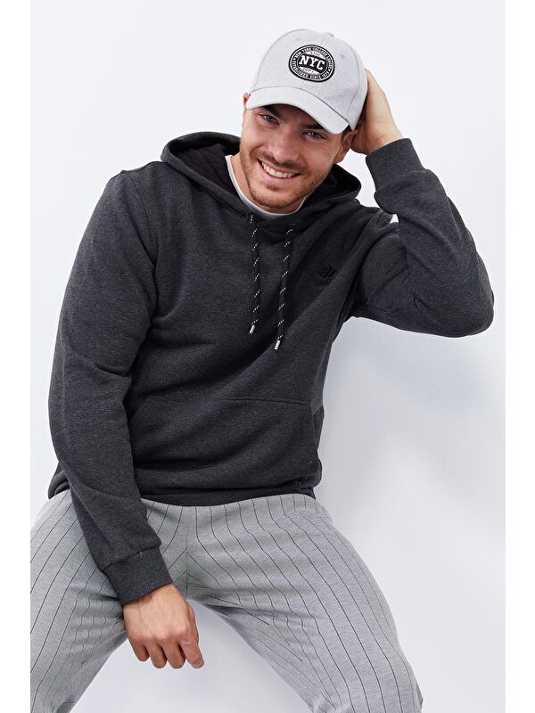 Tommylife Antrasit Melanj Kanguru Cep Standart Kalıp Kapüşonlu  Erkek Hoodie - 87872