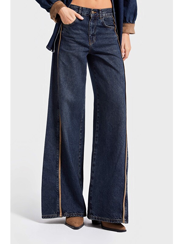 It's Basic Kadın T.Kot Rengi 2w5-8 Palazzo Fit Yan Şerit Süet Detaylı İç Boy 80cm %100 Pamuk Denim Jean