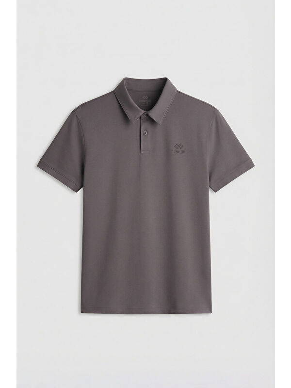 Tommylife Koyu Gri Basic Logolu Standart Kalıp Triko Polo Yaka Erkek Tişört - 87748